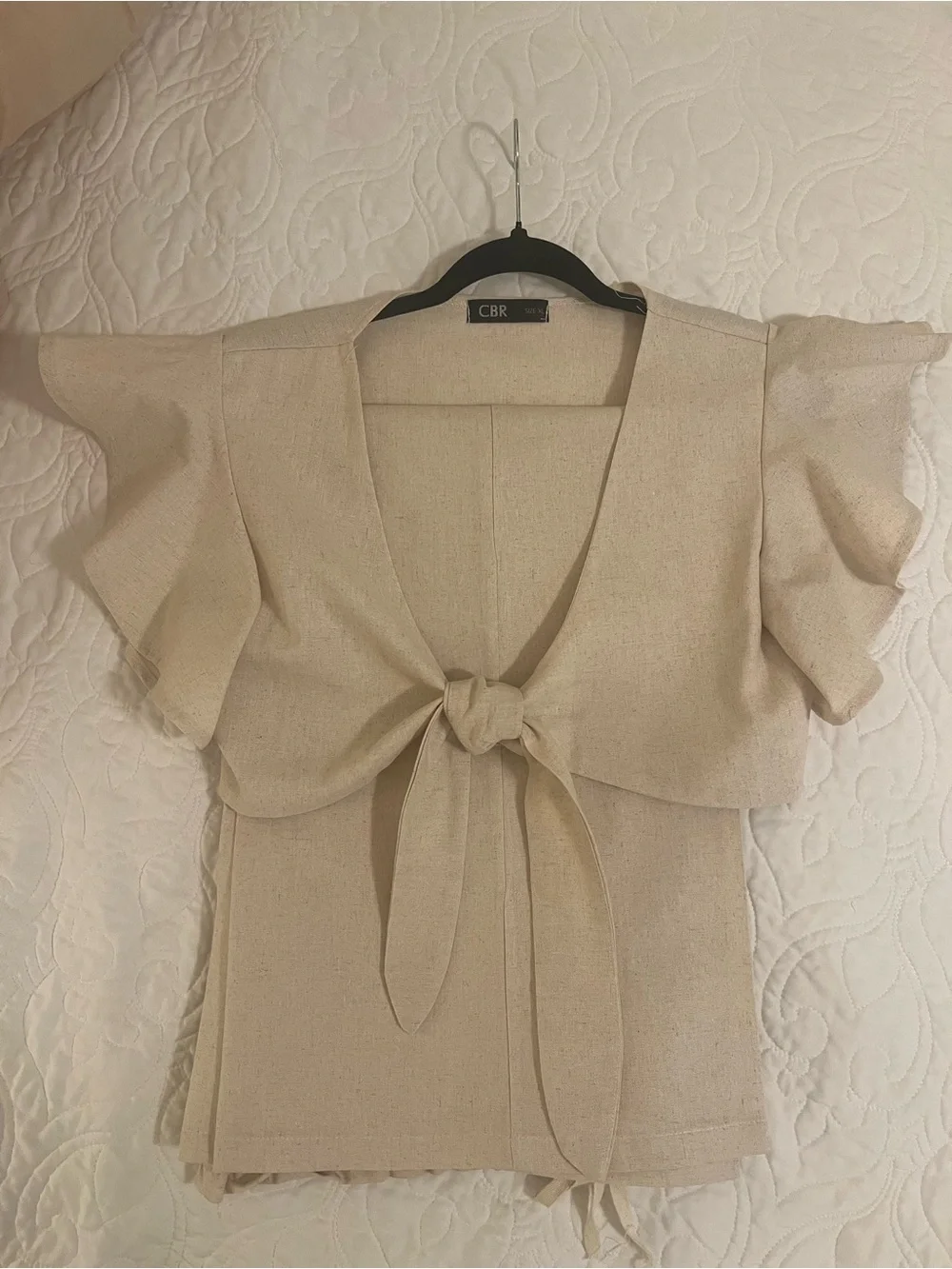 CBR Beige Tie-Front Flutter Sleeve Crop Top and Wide Leg Pants - Picture 1 of 2